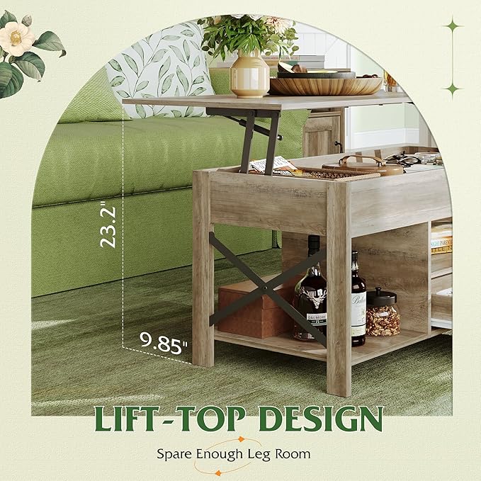WLIVE Lift Top Coffee Table, 39" Coffee Table with Storage Drawers, Hidden Compartment, Wooden Lift Tabletop Center Table for Living Room, Home, Grey