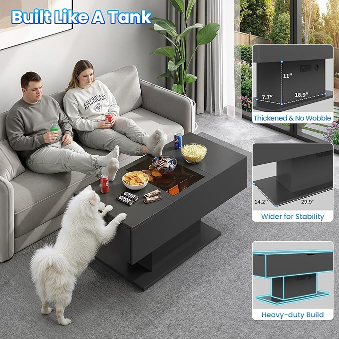 LED Coffee Table, 44" 3-Drawers Modern Coffee Table with Storage and Charging Station, for Living Room, Black