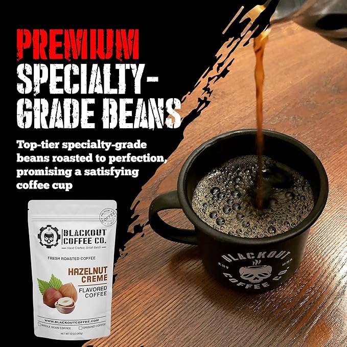 Blackout Coffee Hazelnut Creme Flavored Ground Coffee – Medium Roast, Smooth Taste, Guilt-Free Indulgence – Freshly Roasted 12oz Bag.