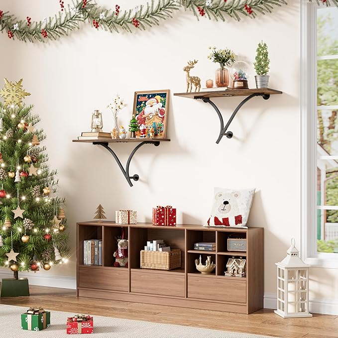 Floating Shelves, 26.7 Inch Long Wall Shelf Set of 2, Wide Display Shelf Wall Mounted Hanging Shelving for Bathroom, Living Room, Bedroom, Kitchen, Rustic Brown