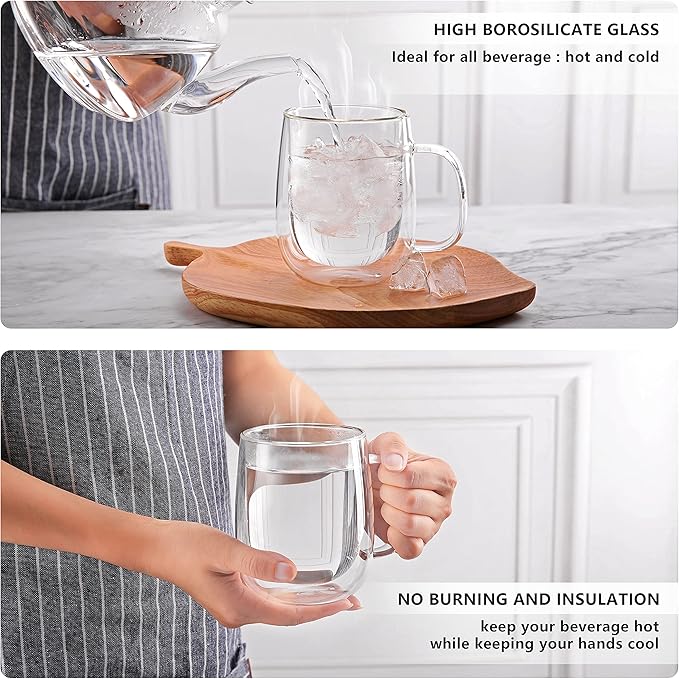 CNGLASS Large Double Wall Glass Coffee Mug 15.2oz,Clear Insulated Glass Espresso Cup with Big Handle,set of 1