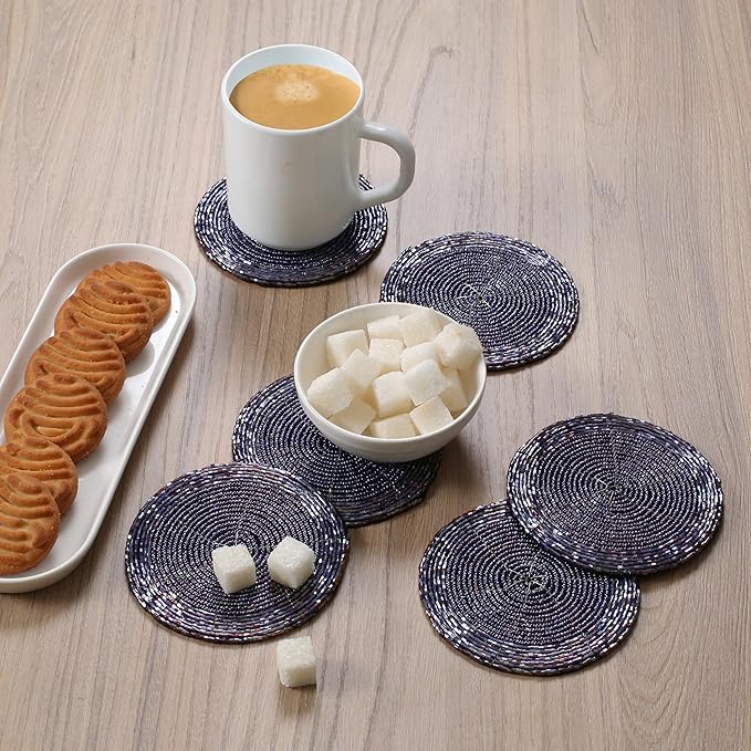 Handmade Beaded Wire Coaster Set of 6-4 Inch Round Coasters, Elegant Beautiful Stylish Decorative Drink Coaster Perfect for Home, Office, Christmas, & Everyday Use - Navy Luster