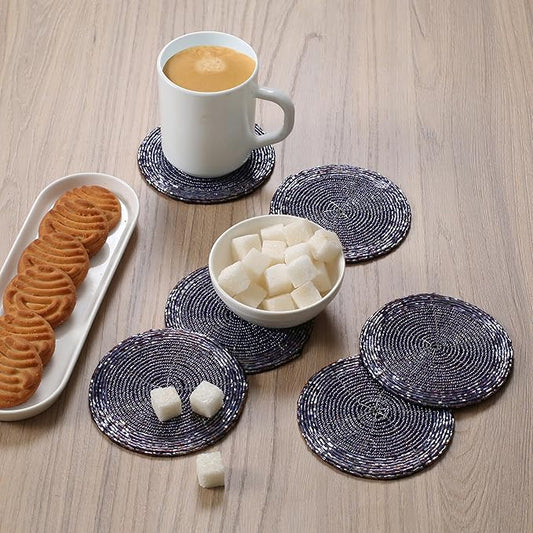 Handmade Beaded Wire Coaster Set of 6-4 Inch Round Coasters, Elegant Beautiful Stylish Decorative Drink Coaster Perfect for Home, Office, Christmas, & Everyday Use - Navy Luster