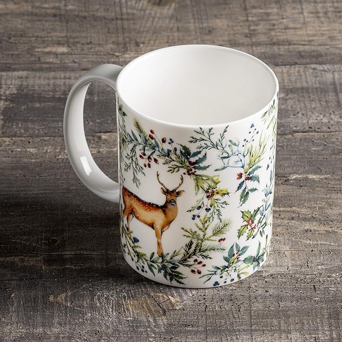 Maison d' Hermine Coffee Mug with Handles Fine Bone China Mugs Pack of One Tea Cups for Hot Beverages Cappuccino Latte Home Restaurant Office Perfect for Gift (Holly Time - Biche, 12 Ounce)