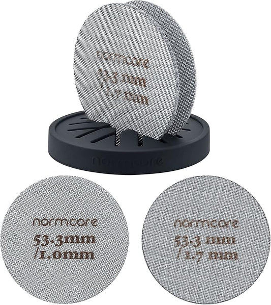 Normcore 2 Packs 53.3mm Puck Screen with Stand - Reusable Contact Shower Screen with Silicone Holder - 1.7mm / 1.0mm Thickness 150μm Mesh - Compatible with Espresso Machine 54mm Portafilter Basket