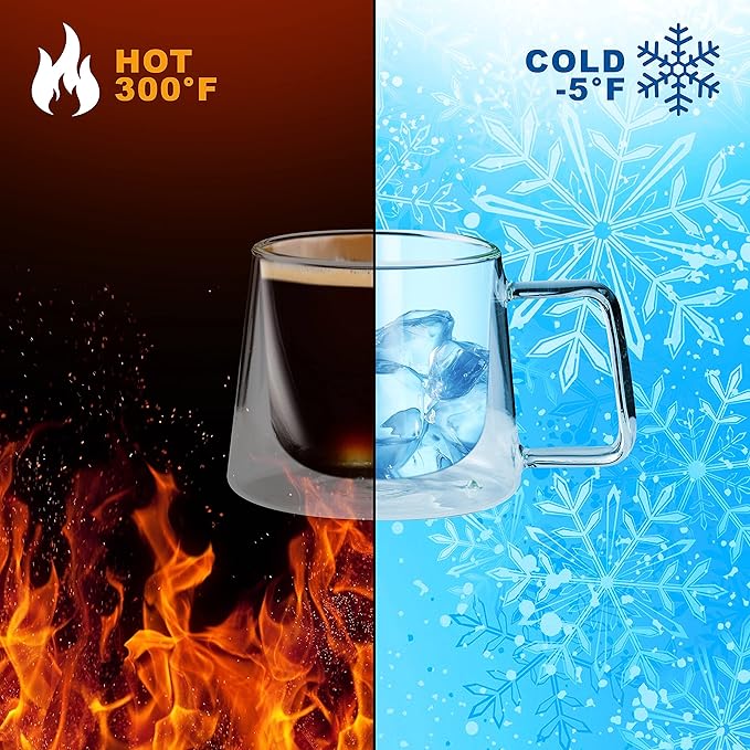 LEMONSODA Double Walled Glass Coffee Drink Mug with Handle - Set of 4 (250 mL / 8.5 fl. oz) Insulated Thermal Mugs Glasses For Tea, Coffee, Latte, Cappucino, Cafe, Milk - Housewarming Gifts