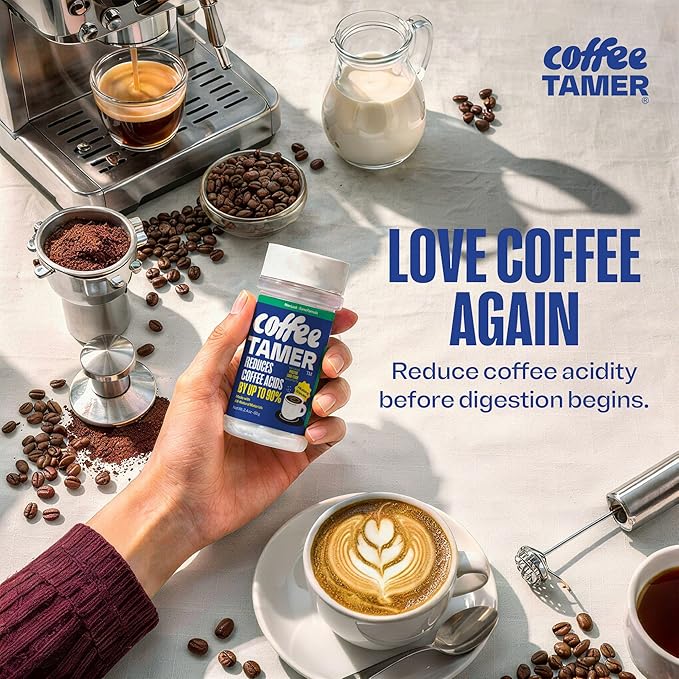 Coffee Tamer Acid Reducer Powder 2.4oz Shaker Bottle - All Natural Coffee Acid Reducer, Alkalizing Granules Reduce Acidity By 90%, Keto Friendly, Sugar-Free, Non-GMO, Preserves Original Flavor