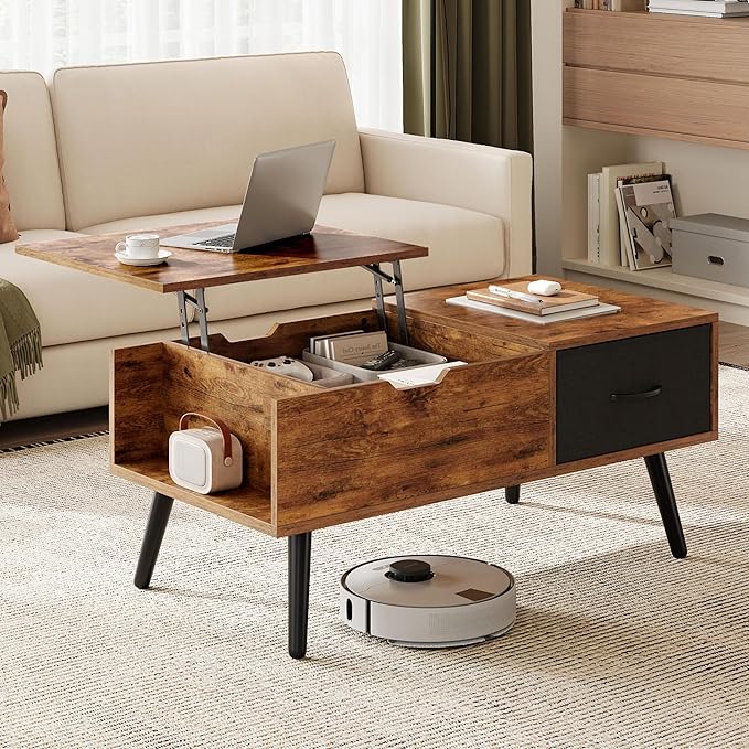 Yaheetech Lift Top Coffee Table for Living Room, Wooden Small Center Tables with Large Storage Shelf Drawer and Hidden Compartment Modern, Rustic Brown