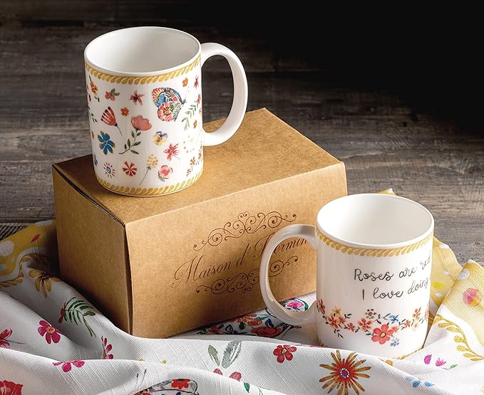 Maison d' Hermine Coffee Mug with Handles Fine Bone China Mugs Pack of Two Tea Cups for Hot Beverages Cappuccino Latte Home Restaurant Office Perfect for Gift (Happy Florals - Sweety, 15 Ounce)