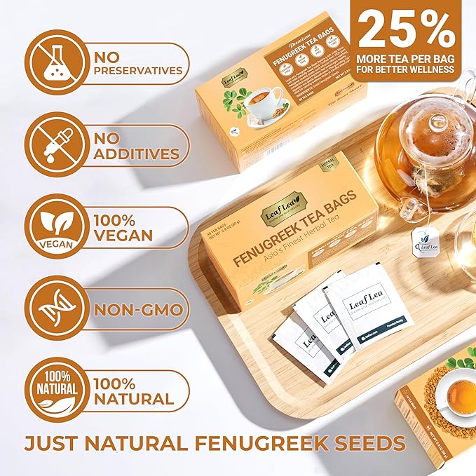 LeafLea 80 Premium Fenugreek Tea Bags, Natural Fenugreek Seed for Toasty Flavor & Sweet Aroma, Fenogreco Tea with Gentle Warmth, Caffeine-Free, Sugar-Free, Vegan, Individually Wrapped for Freshness