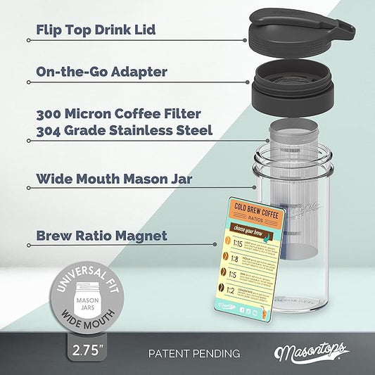 Masontops Cold Brew Makers Kit - Deluxe Iced Coffee Maker with Glass Pitcher & Stainless Steel Mesh Filter - Easy Pour Fridge Cold Brewer System