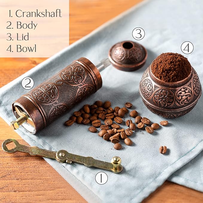 Crystalia Refillable Coffee Grinder, Authentic Manual Mill with Adjustable Grinder, Metal Coffee Mill with Handle, Antique Coffe Grinder with Hand Crank, Adjustable Coarseness