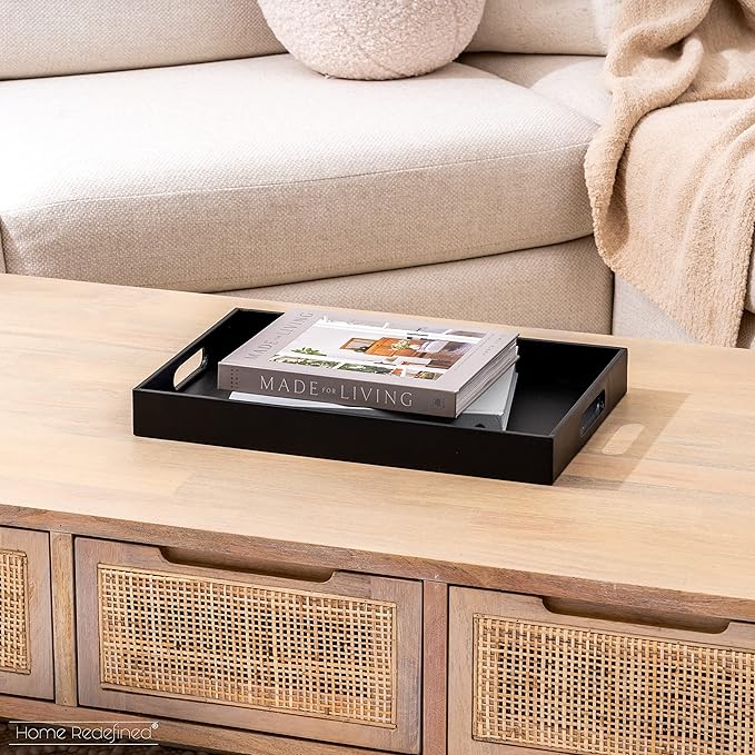 Beautiful Modern Elegant 17.5"x12" Rectangle Classic Black Faux Leather Decorative Tray Ottoman Coffee Table Perfume Living Room Kitchen Serving Tray with Handles for All Occasion's