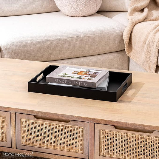 Beautiful Modern Elegant 17.5"x12" Rectangle Classic Black Faux Leather Decorative Tray Ottoman Coffee Table Perfume Living Room Kitchen Serving Tray with Handles for All Occasion's