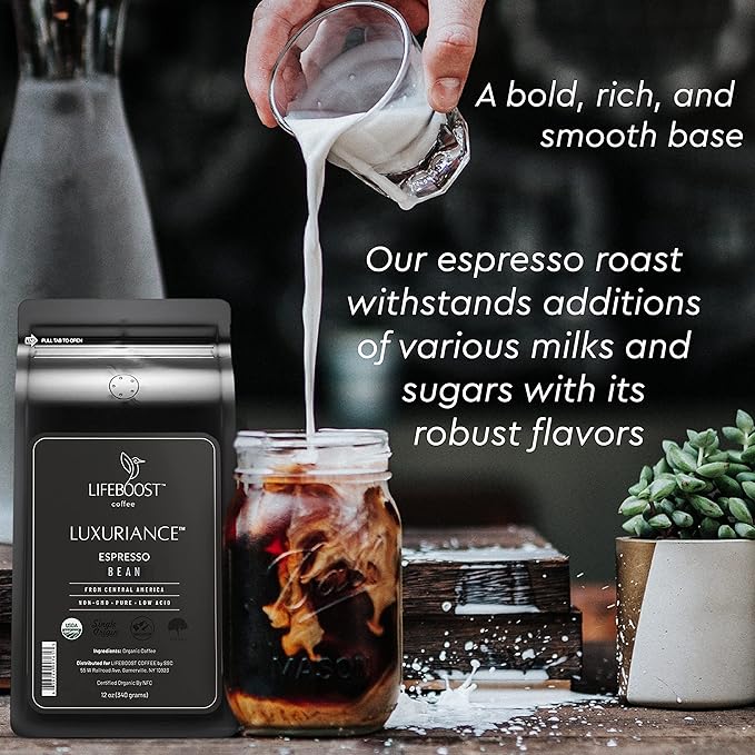 Lifeboost Organic Espresso Whole Bean Coffee - Low Acid Espresso Coffee, Non-GMO, USDA Organic, Single Origin, Third-Party Tested for Mycotoxins & Pesticides - 12 oz Bag