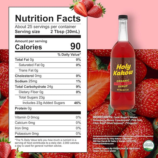 Holy Kakow Organic Strawberry Syrup - Strawberry Syrup for Drinks, Fruit Syrup, Dye Free Strawberry Syrup, Liquid Sugar, Cane Sugar Syrup, Strawberry Simple Syrup, All-Natural, Non-GMO - 750 ml
