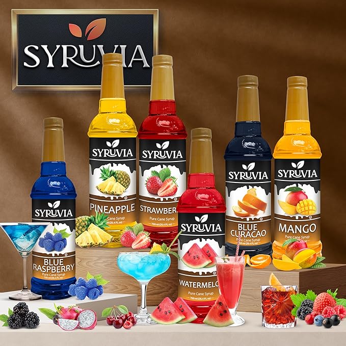 Syruvia Blue Curacao Syrup, Flavored Syrup for Cocktails, Drinks, Lemonades, Iced Teas, and Desserts – 25.4 fl oz, With Pump