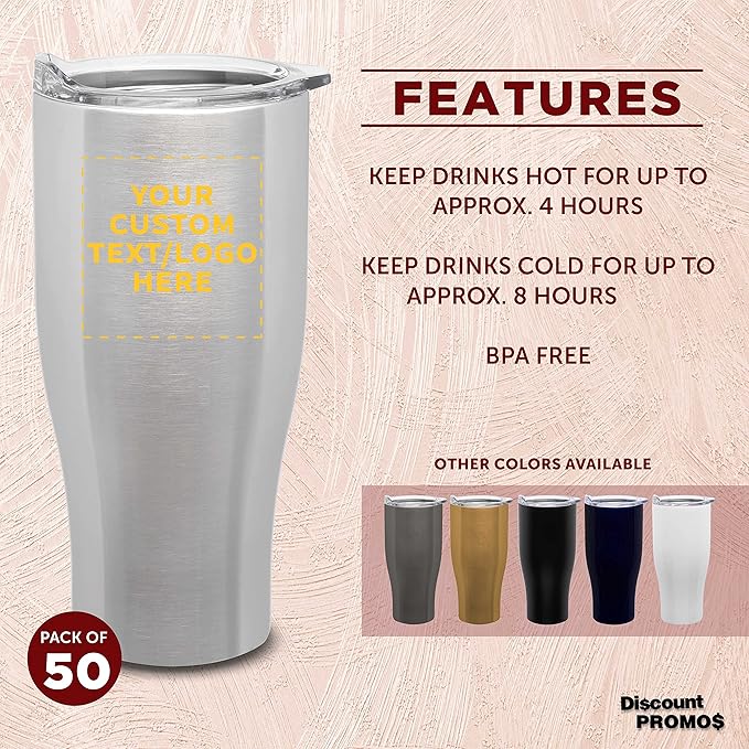 Custom Stainless Steel Grip Travel Mugs 27 oz. Set of 50, Personalized Bulk Pack - Perfect for Coffee, Soda, Other Hot & Cold Beverages - Silver