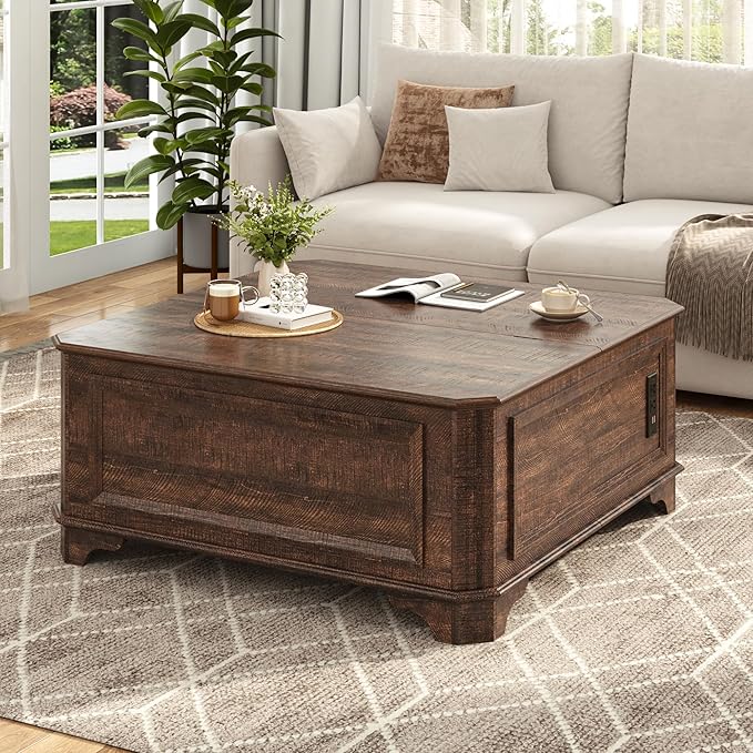 40 Inch Farmhouse Lift Top Coffee Table with Charging Station & Hidden Storage - Square Center Table with Adjustable Lifting Top, Large Storage Cabinet for Living Room, Bedroom, Home Office, Brown