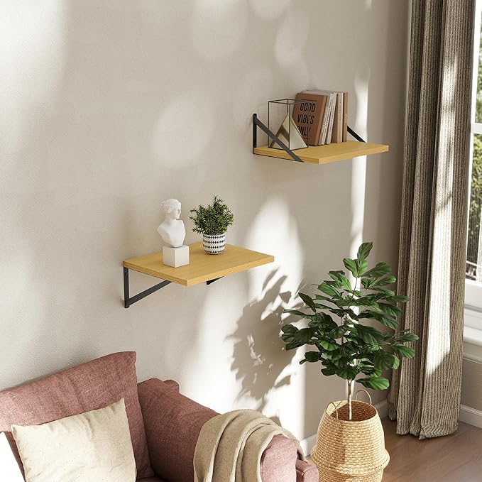 Deep Floating Shelves Wall Mounted, 16"x12" Oak Wall Shelves with Brackets Set of 2 for Bedroom, Living Room, Bathroom, Kitchen, Office - Storage & Display Shelf for Decor, Books, Plants