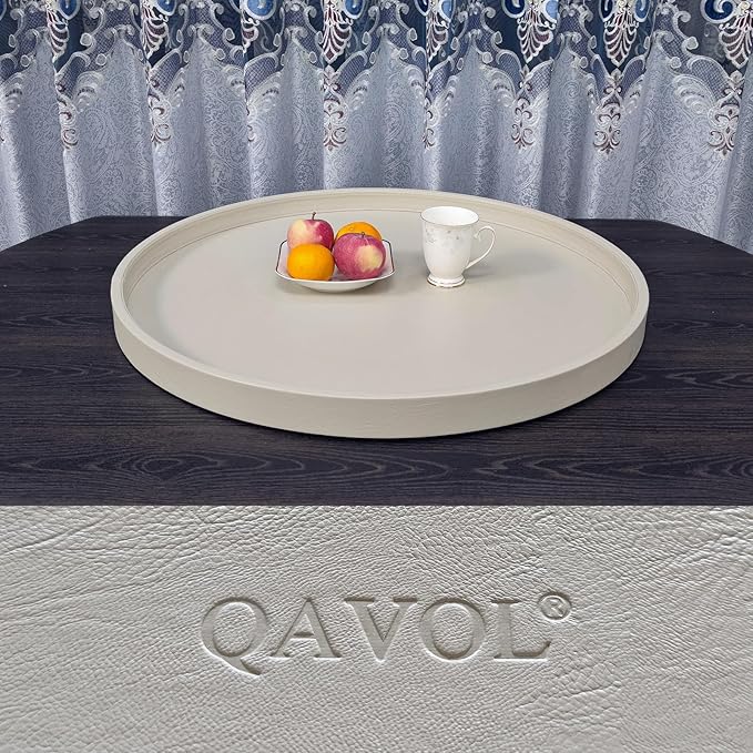 25 * 25 inches high-end Light Luxury Leather Round Oversized Service Tray, Ottoman Tray，Coffee Tray, Food Tray, Family Dinner, Out-of-House Picnic, Party Essential Tray (25 inch Beige)