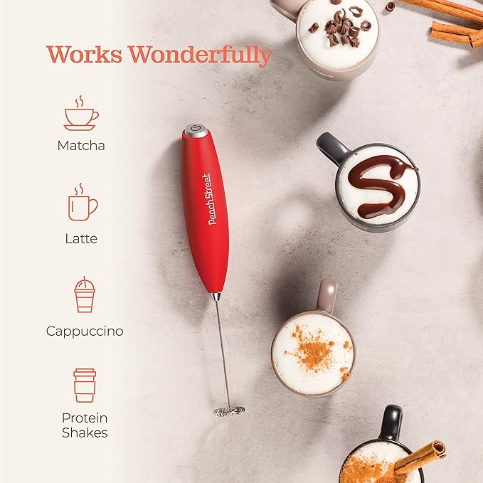 Powerful Handheld Milk Frother, Mini Milk Foamer, Battery Operated Stainless Steel Drink Mixer with Frother Stand