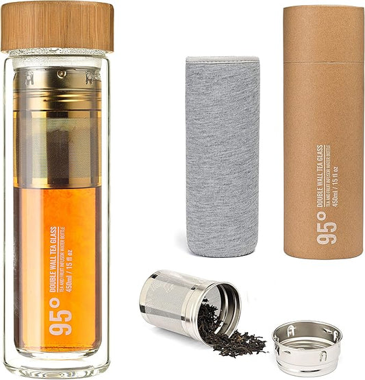 95° Double-Wall Glass Tea Bottle with Removable Stainless Steel Infuser - BPA and BPS Free, Insulated and Leakproof Travel Tumbler for Loose Leaf Tea, Coffee, Fruit - Eco-Friendly (15oz/450ml)