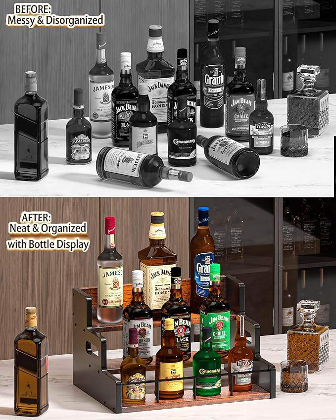 Yelinkws Liquor Bottle Display Shelf,Wood Syrup Organizer Rack,3 Step Countertop Organizer Wine Rack,Rustic Coffee Station Accessories for Syrup (Brown)