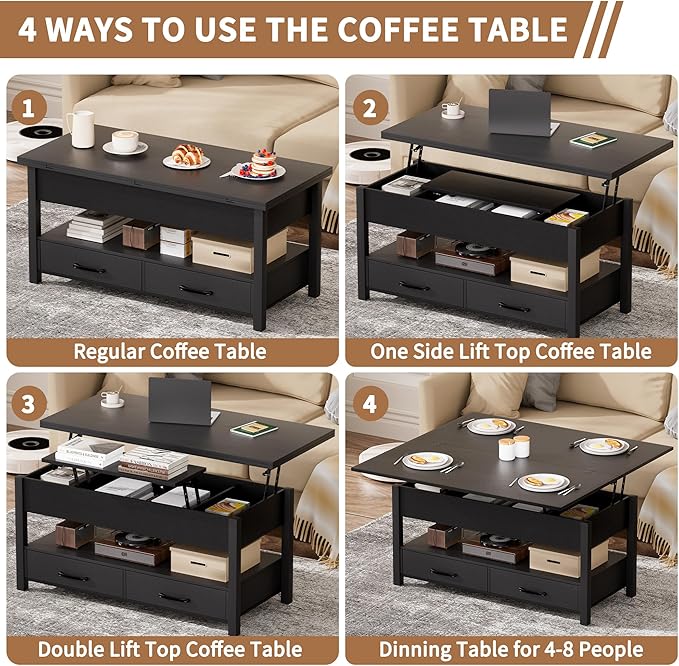 42'' Lift Top Coffee Table, 4-in-1 Multifunctional Lift Coffee Table with Storage & Hidden Compartments, Farmhouse Coffe Table with Lifting top for Living Room, Dining Reception Room, Black