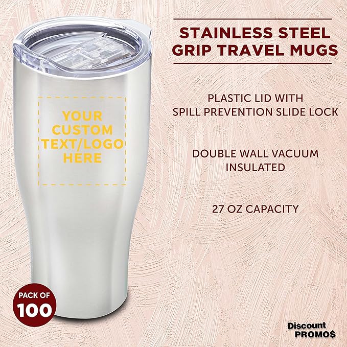 Custom Stainless Steel Grip Travel Mugs 27 oz. Set of 100, Personalized Bulk Pack - Perfect for Coffee, Soda, Other Hot & Cold Beverages - Silver