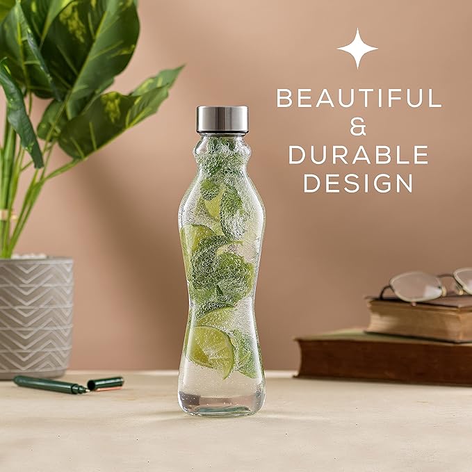 JoyJolt Spring Glass Water Bottles Set of 6-18 oz Glass Bottles with Stainless Steel Caps - Glass Drinking Bottles with Leakproof Lids - Reusable Glass Juice Bottle - Container Bottle Set