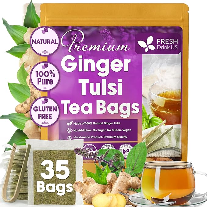 FreshDrinkUS, Premium 35 Ginger Tulsi Tea Bags, 100% Natural, Hand-made Blend of Ginger and Tulsi Holy Basil Leaves, Eco-conscious Tea Bags. Herbal Tea. No Sugar, No Caffeine, Vegan.