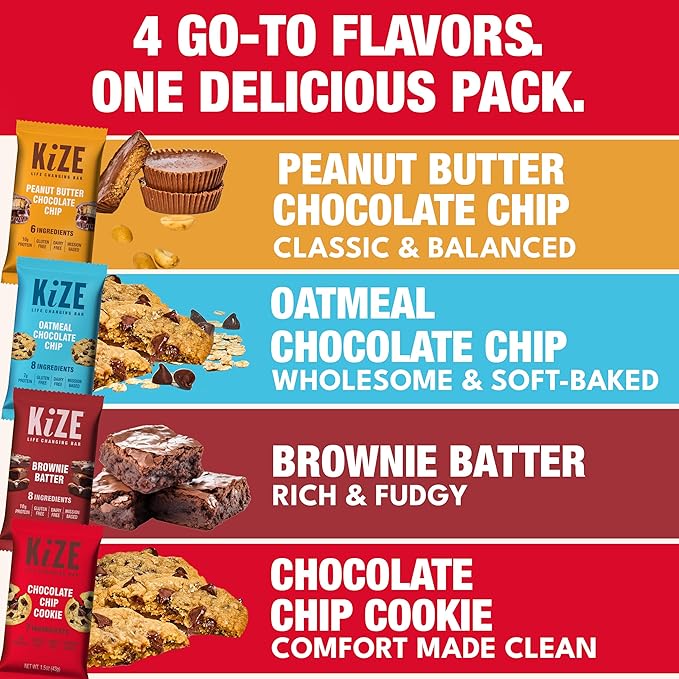 KiZE Energy Bars - Best Sellers Variety Pack - 20-Count -Gluten Free, Dairy Free Options, Non-GMO, and High Protein Meal Replacement Energy Bars, Clean and Simple Food Ingredients - 7-10g High Protein Snacks (20 Count)