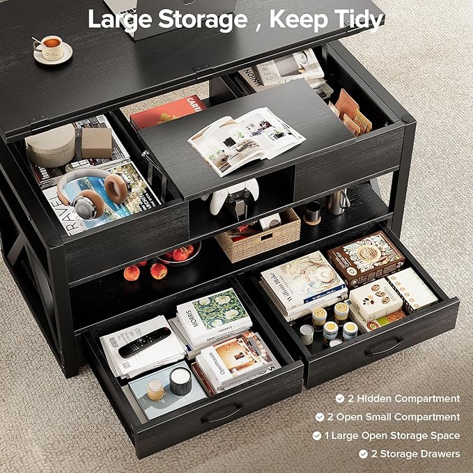 40" Lift Top Coffee Table,4 in 1 Multi-Function Lift Coffee Tables with Storage Drawers and Hidden Compartmen,Farmhouse Coffee Table with Lifting top for Living Room,Black