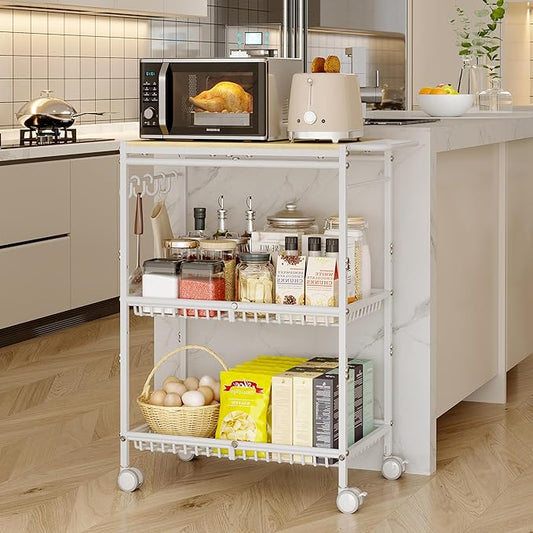 Microwave Kitchen Cart with 2 Lockable Wheels, White Kitchen Storage Cart with Push Handle, 3 Tier Rolling Cart with 210Lbs Capacity for Kitchen Island, Restaurant, Coffee Bar, Living Room, Office