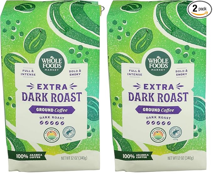 WHOLE FOODS MARKET Ground Extra Dark Roast Coffee, 12 OZ (Pack of 2)