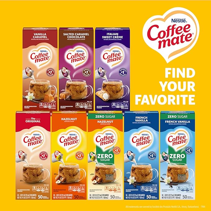 Nestle Coffee mate Coffee Creamer, Zero Sugar Hazelnut, Liquid Creamer Singles, Non Dairy, No Refrigeration, 0.375 fl oz Tubs (Pack of 200)