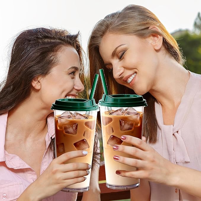 24oz Tumbler with Lid and Straw, Leak Proof and Double Wall Insulated Reusable Plastic Cups,Travel Reusable Iced Coffee Cup (2, Bottle Green)