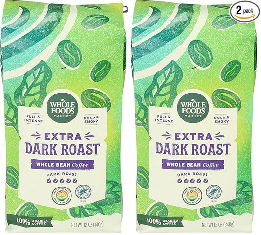 WHOLE FOODS MARKET Whole Bean Dark Roast Coffee, 12 OZ (Pack of 2)
