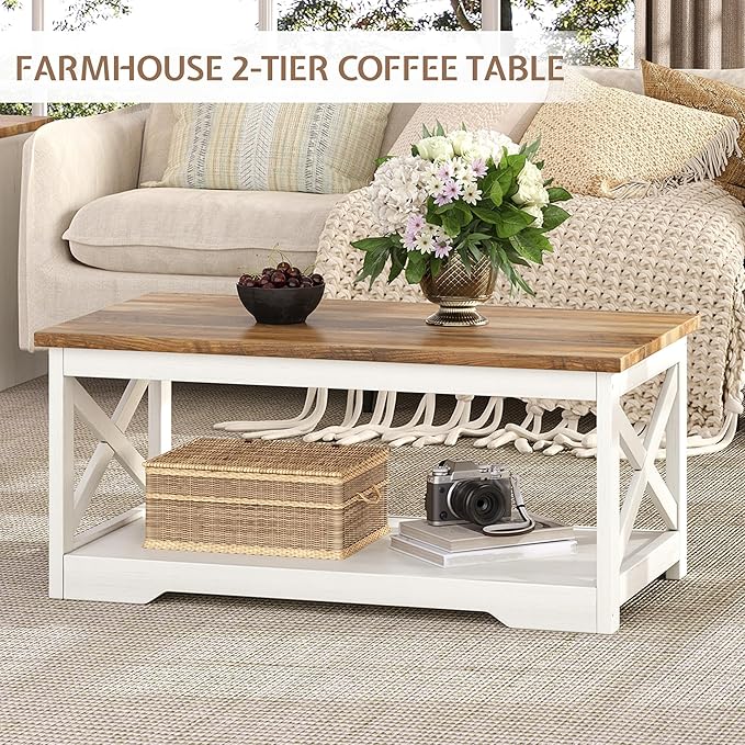 3-Piece Farmhouse Living Room Table Sets, Includes 1 x Coffee Table, 2 x End Tables with Charging Station & USB Ports, Rustic Coffee Table Set of 3, Distressed White