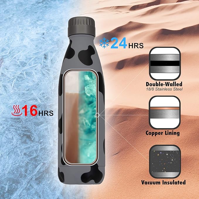 Holstein Cow Print Water Bottle - 17oz Vacuum Insulated Stainless Steel Bottle - Double Wall Copper Lined Thermos - Leak Proof & Sweat Free - Aesthetic Cow Gifts for Women & Adults by Vastigo