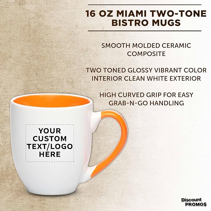 Custom Bistro Style Large Coffee Mugs 16 oz. Set of 10/50/100, Personalized Bulk Pack - Perfect for Coffee, Tea, Espresso, Hot Cocoa, Other Beverages - Orange