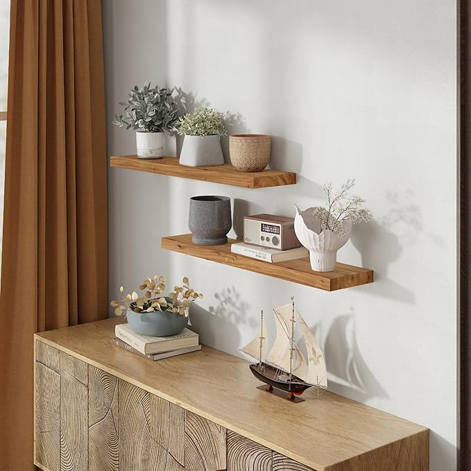 Fun Memories Wood Floating Shelves 36 Inch Long, Solid Elm Wood Wall Shelves Set of 2 for Kitchen, Living Room, Bedroom, Wall-Mounted Rustic Wooden Bathroom Shelf Storage Shelf for Farmhouse, Natural