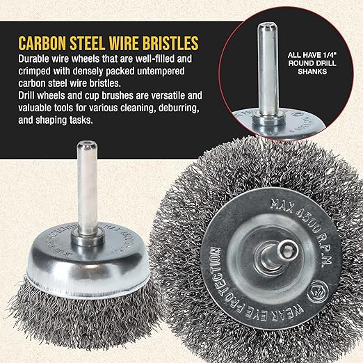 Dura-Gold 6-Piece Abrasive Wire Wheel and Cup Brush Set, 1/4" Drill Shank, Carbon Steel Bristles - 1 Cup & 5 Wheel Brushes - Surface Prep Grinding, Stripping Metal, Clean Remove Rust Corrosion, Paint