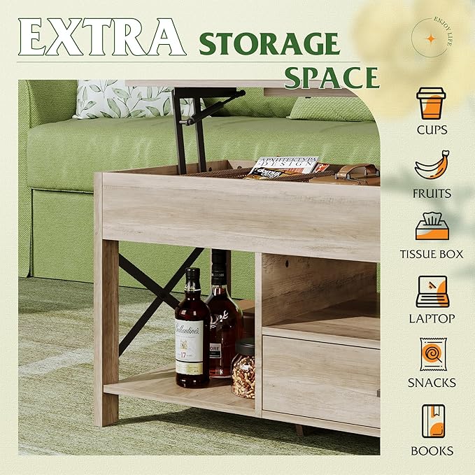 WLIVE Lift Top Coffee Table, 39" Coffee Table with Storage Drawers, Hidden Compartment, Wooden Lift Tabletop Center Table for Living Room, Home, Grey