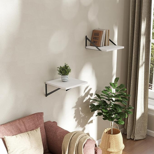 Deep Floating Shelves Wall Mounted, 12"x12" White Wall Shelves with Brackets Set of 2 for Bedroom, Living Room, Bathroom, Kitchen, Office - Storage & Display Shelf for Decor, Books, Plants