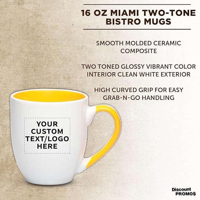 Custom Bistro Style Large Coffee Mugs 16 oz. Set of 10/50/100, Personalized Bulk Pack - Perfect for Coffee, Tea, Espresso, Hot Cocoa, Other Beverages - Yellow