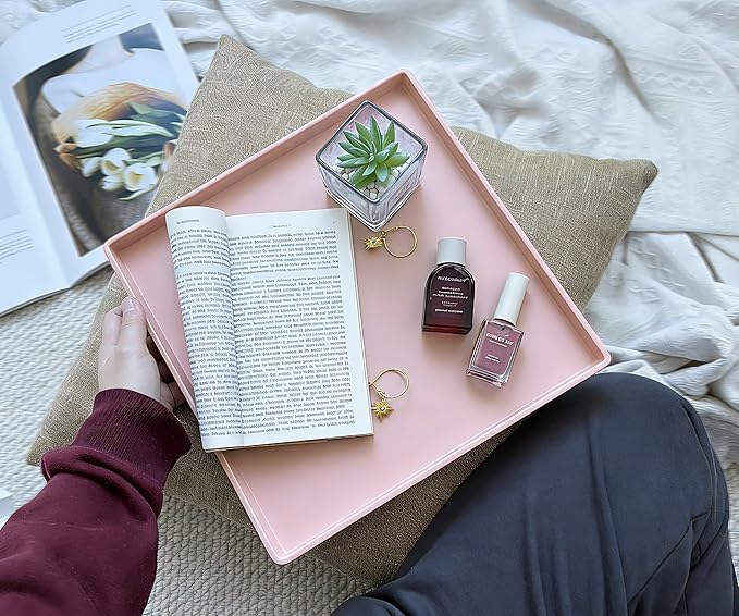 Pink Square Tray 11 Inch - 3 Pack Decorative Organizer Tray for Vanity, Bathroom Countertop, Coffee Table & Ottoman | Multi-Purpose Serving, Makeup, Jewelry, & Catch-All Tray for Home Decor
