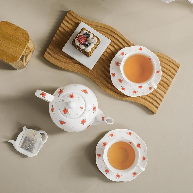 30oz FLoral Porcelain Teapot (4 Cups) - Elegant Ceramic Tea Pot with Vibrant Roses, Ideal for Loose Leaf & Bagged Tea, Dishwasher Safe