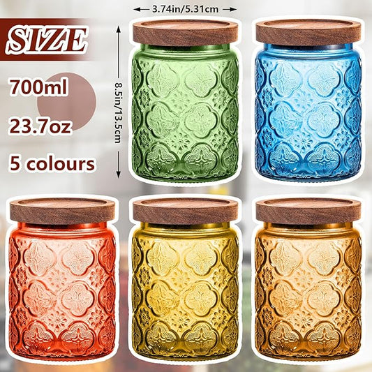 Outus 5 Pcs 23.7oz Vintage Glass Jar with Lids Colored Glass Canisters Jars with Airtight Wooden Lids for Kitchen Counter Flour Sugar Cookie Coffee Tea Storage Containers